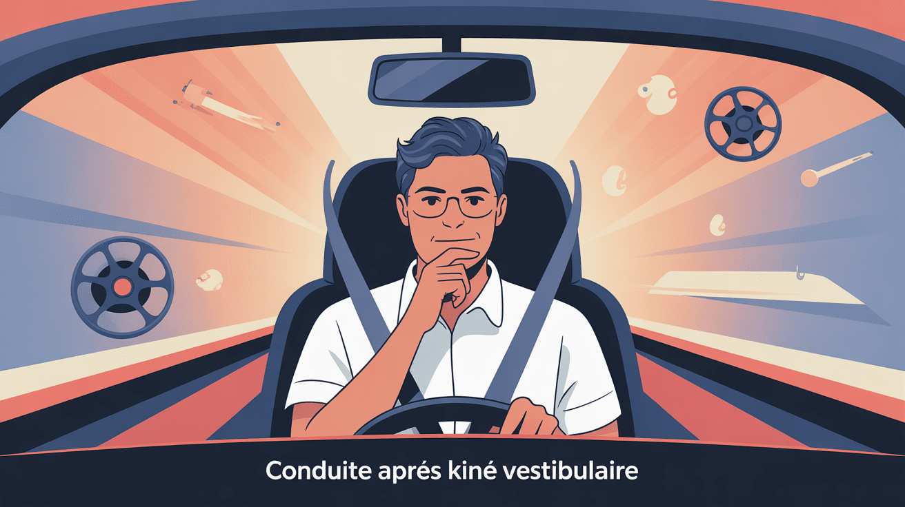 Conducteur assis au volant de sa voiture, hésitant à reprendre la route après une séance de kiné vestibulaire