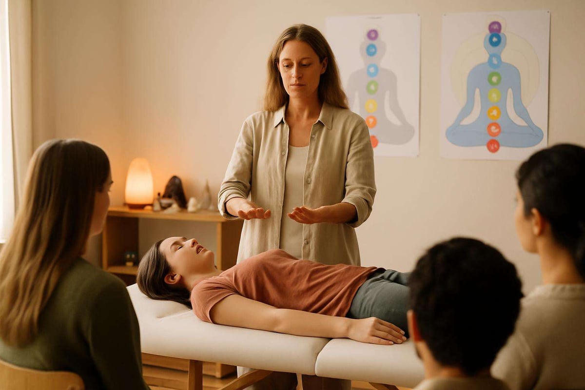 Mains d'un praticien en magnétisme placées au-dessus des épaules d'une personne assise pendant un atelier